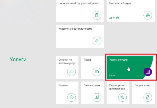 Услуги и опции в ЛК Мегафона