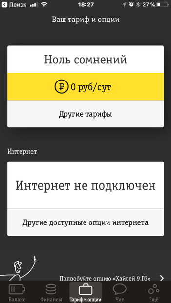 Раздел Тариф и опции