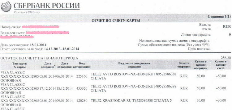 Пример отчета по счету карты: