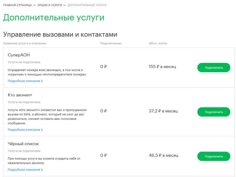 Информация об услуге в личном кабинете